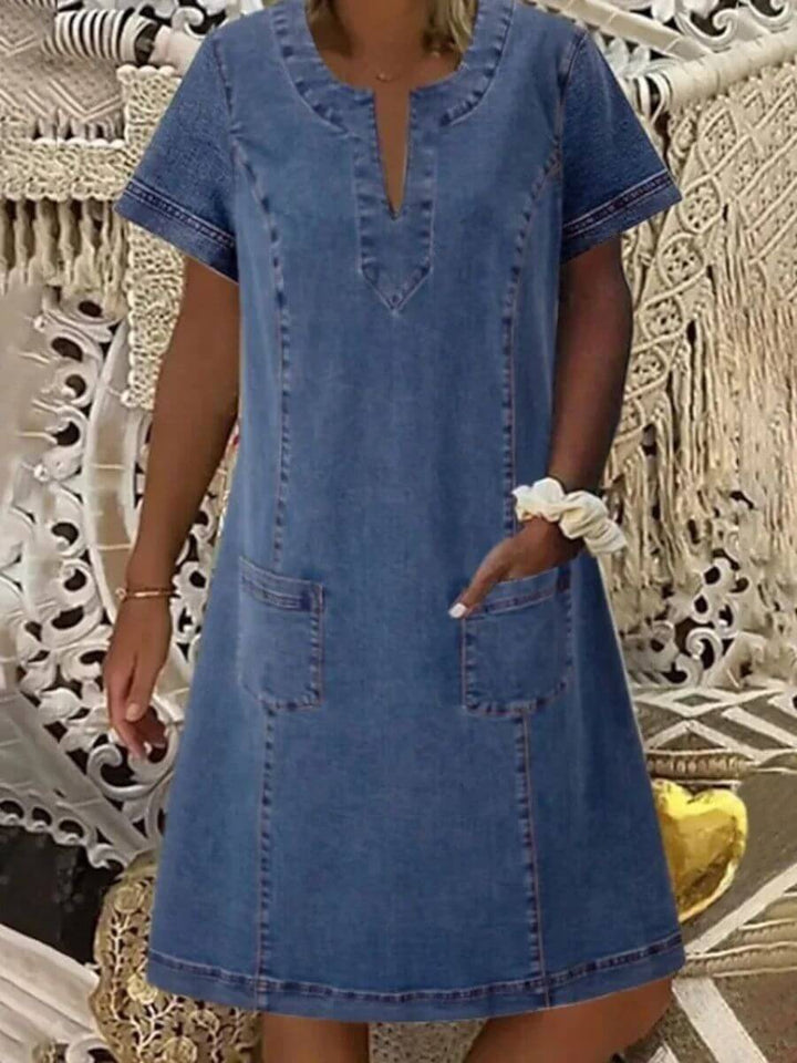 AURORA / SHORT SLEEVE DENIM V-NECK DRESS