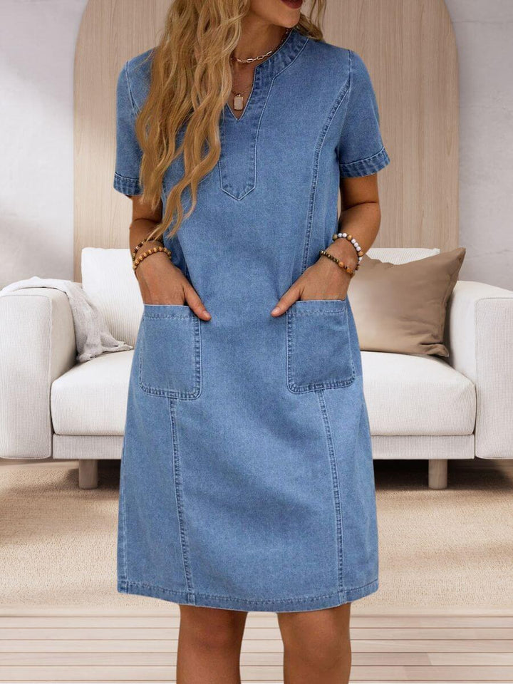 AURORA / SHORT SLEEVE DENIM V-NECK DRESS