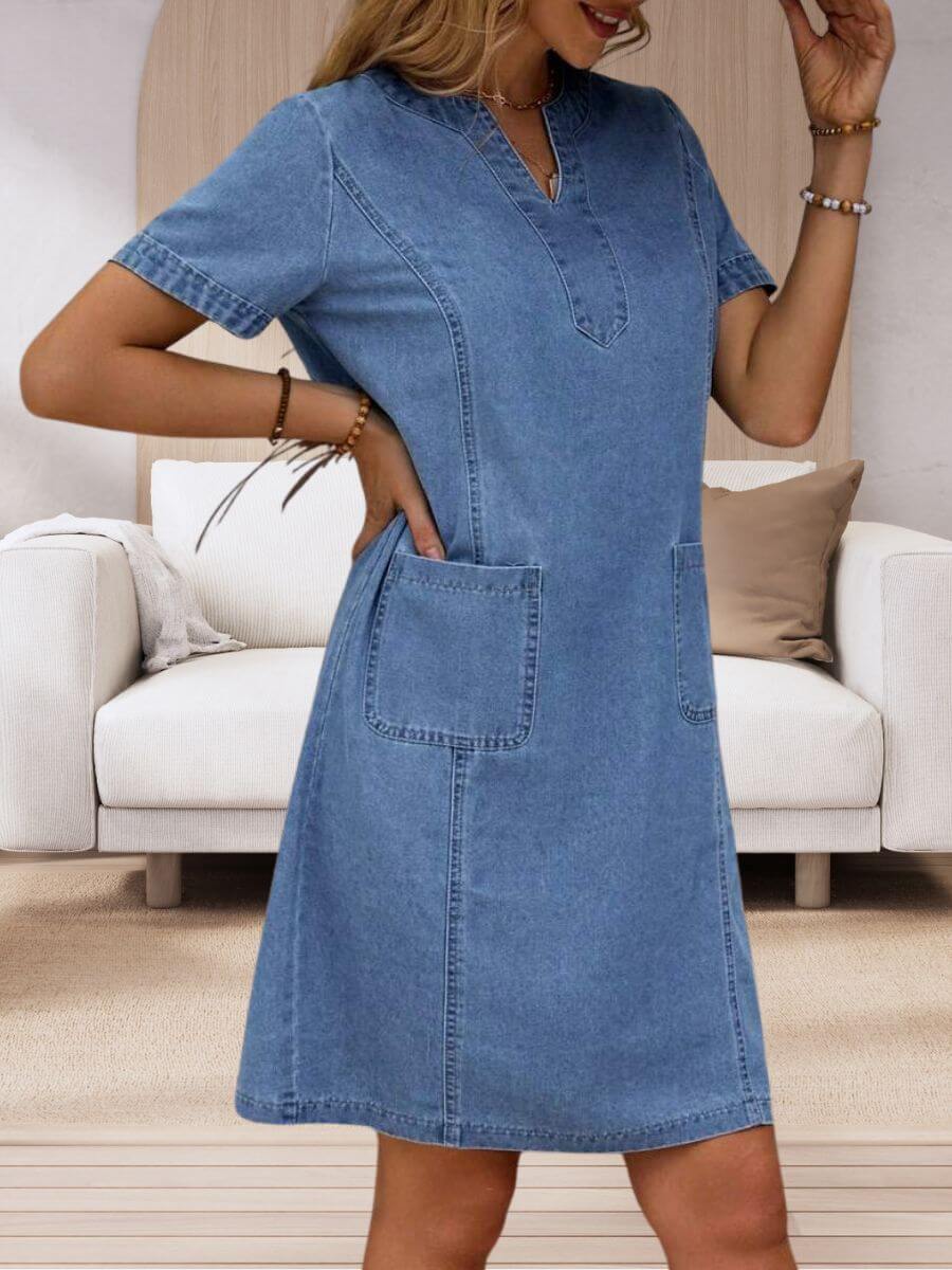 AURORA / SHORT SLEEVE DENIM V-NECK DRESS