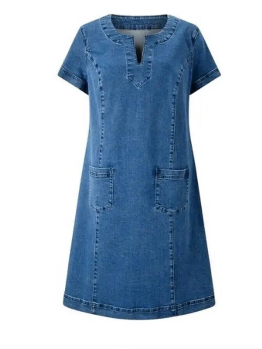 AURORA / SHORT SLEEVE DENIM V-NECK DRESS