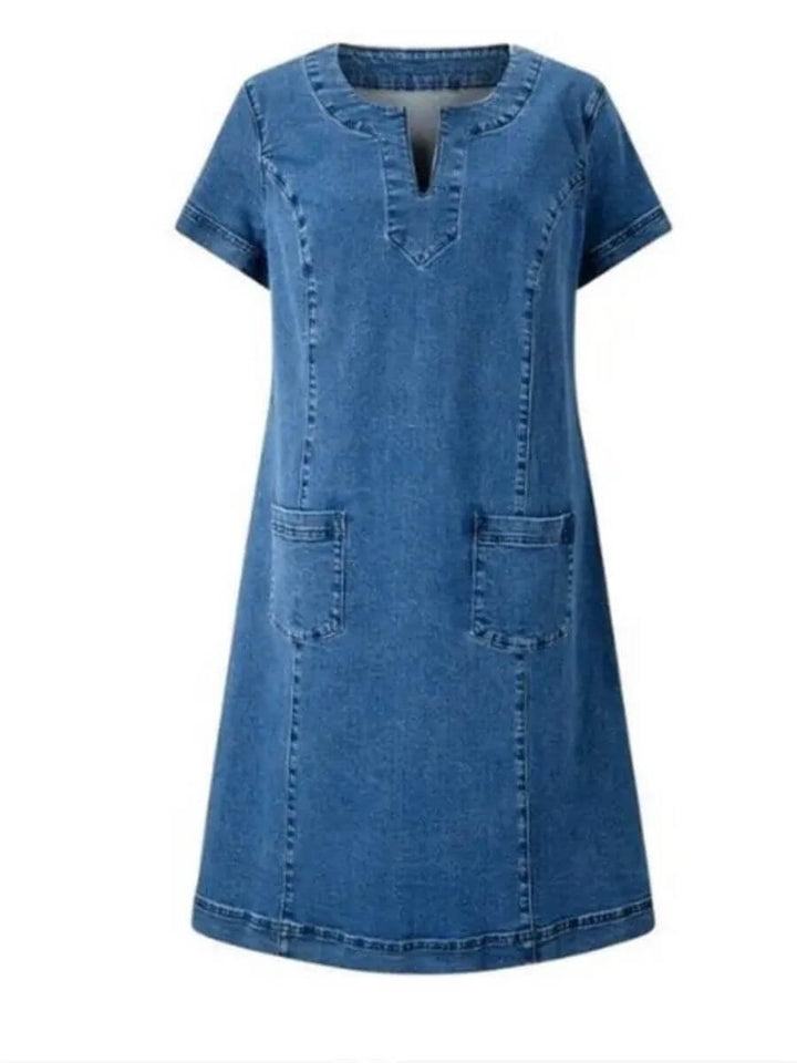 AURORA / SHORT SLEEVE DENIM V-NECK DRESS